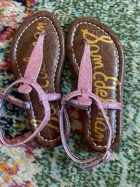 Sam Edelman Girls Pink Glitter T-Strap Sandals